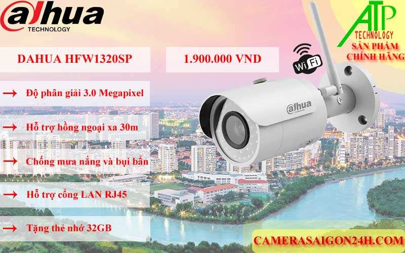 camera ip wifi dahua HFW1320sp chính hãng giá rẻ có độ phân giải 3.0 MP hình ảnh rõ nét, hỗ trợ led hồng ngoại thông minh tầm quan sát 30m, chống chịu mưa nắng