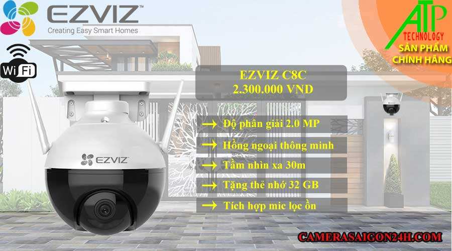 camera EZVIZ C8C chính hãng giá rẻ độ phân giải 2.0 MP FULL HD 1080p hình ảnh sắc nét, hỗ trợ led hồng ngoại thông minh tầm nhìn 30m, tích hợp mic lọc ồn âm thanh rõ ràng, hỗ trợ thẻ nhớ lên đến 256GB