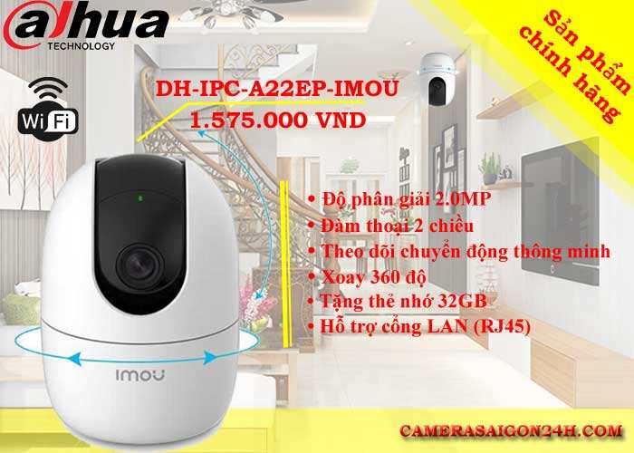camera wifi 360 DH-IPC-A22EP-IMOU chính hãng giá rẻ độ phân giải 2.0MP hình ảnh sắc nét xoay 360 độ, đàm thoại 2 chiều, theo dõi chuyển động thông minh