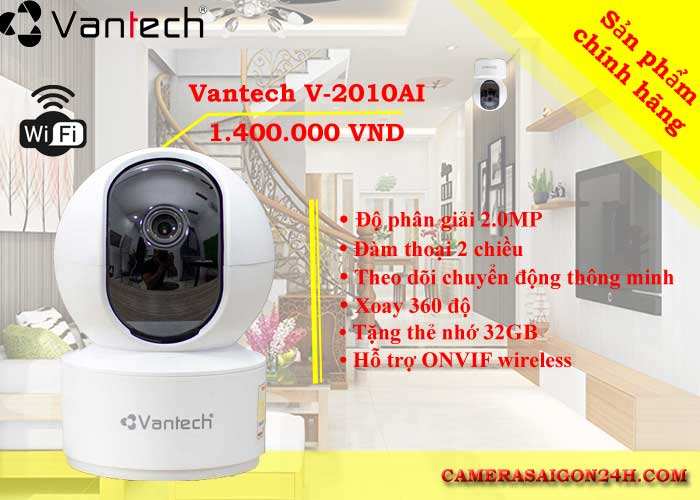 camera vantech wifi v2010AL 2.0MP hình ảnh sắc nét, xoay 360 độ, đàm thoại 2 chiều, theo dõi chuyển động thông minh