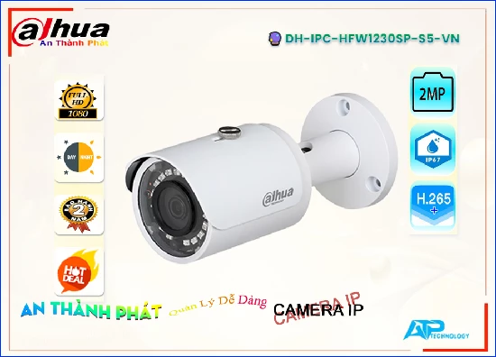  Camera An Ninh  DH-IPC-HFW1230SP-S5-VN với Trang bị siêu sáng và đẹp FULL HD 1080P Công nghệ giám sát ban đêm Hồng Ngoại 30m Dùng cho dự án dân dụng Sản phậm Chức năng ưu việt Thu hình Chất Lượng ONVIF Mượt hơn CMOS H.265+/H.265/H.264+/H.264 Tích hợp công nghệ IP POE cho hình chất lượng camera xưởng sản xuất Thân Kim Loại Chức năng thông minh với ONVIF ONVIF