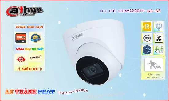  Camera IP Dahua DH-IPC-HDW2230TP-AS-S2,Camera IP Dahua DH-IPC-HDW2230TP-AS-S2 sản phẩm là dòng camera dome được thiết kế bằng kim loại chắc chắn.Camera tích hợp độ phân giải 2.0 Megapixel.Hỗ trợ chuẩn nén H.265+ .Hỗ trợ tầm xa hồng ngoại lên tới 30m.Sản phẩm phù hợp cho mọi công trình lắp đặt chuyên dụng cho cửa hàng,văn phòng,siêu thị,Cửa hàng,.. 