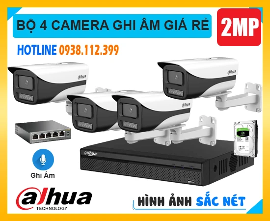 Bộ 4 Camera Ghi Âm Giá Rẻ - Hồng Ngoại 80m, trọn bộ camera ghi âm, lắp đặt trọn bộ camera ghi âm, trọn bộ 4 camera DH-IPC-HFW1230M-A, 